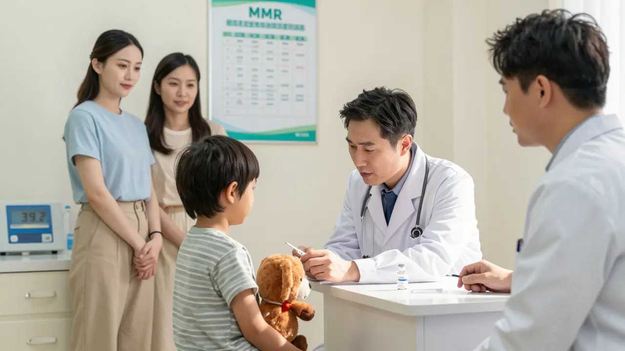 Pediatr vyšetřuje dítě s příznaky spalniček, rodiče jsou u postele, na pozadí je plakát o očkování MMR.