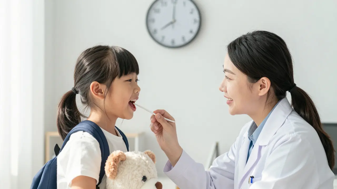 Pediatr vyšetřuje dítě v ordinaci, hodiny ukazují 24 hodin od začátku léčby antibiotiky.