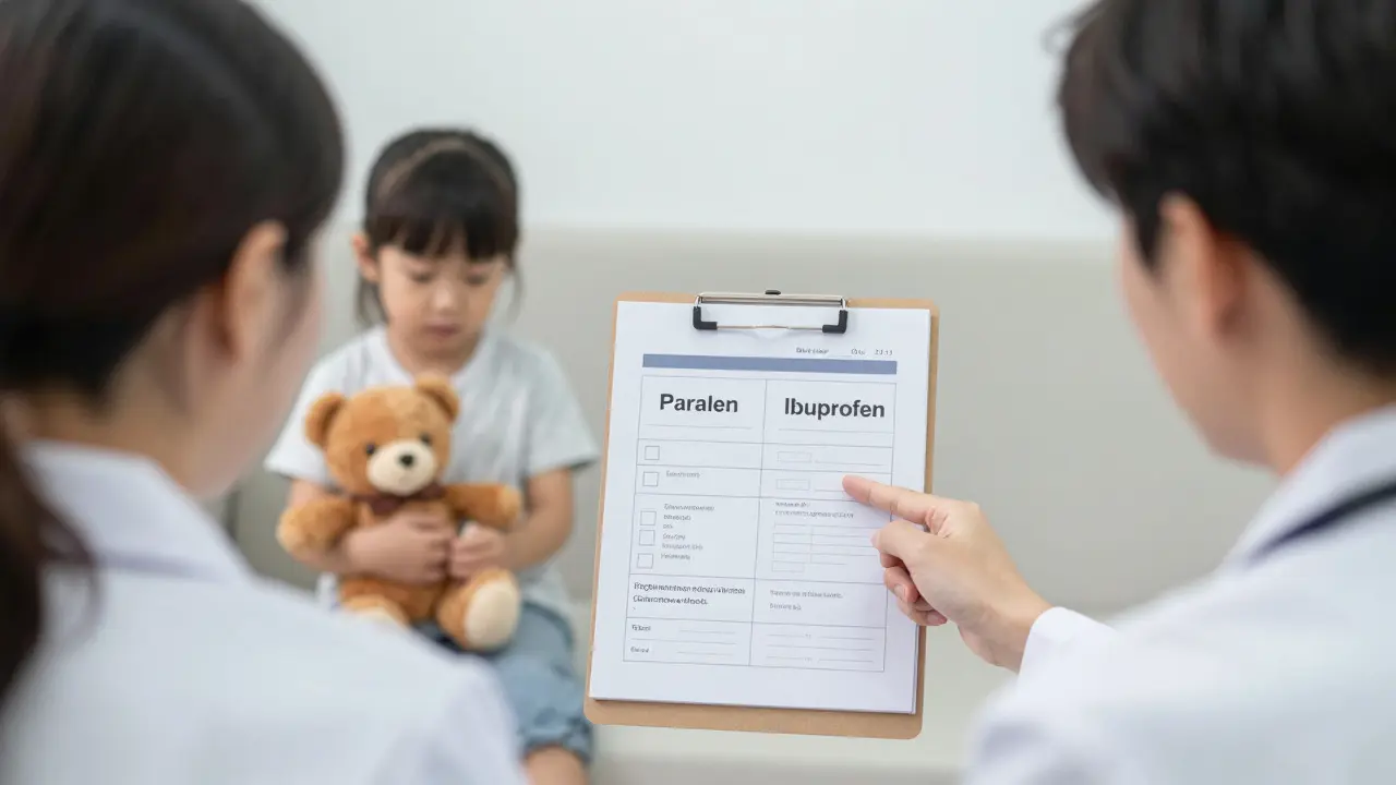 Pediatr vysvětluje rodiči rozdíl mezi Paralenem a ibuprofenem, dítě hraje klidně v pozadí.