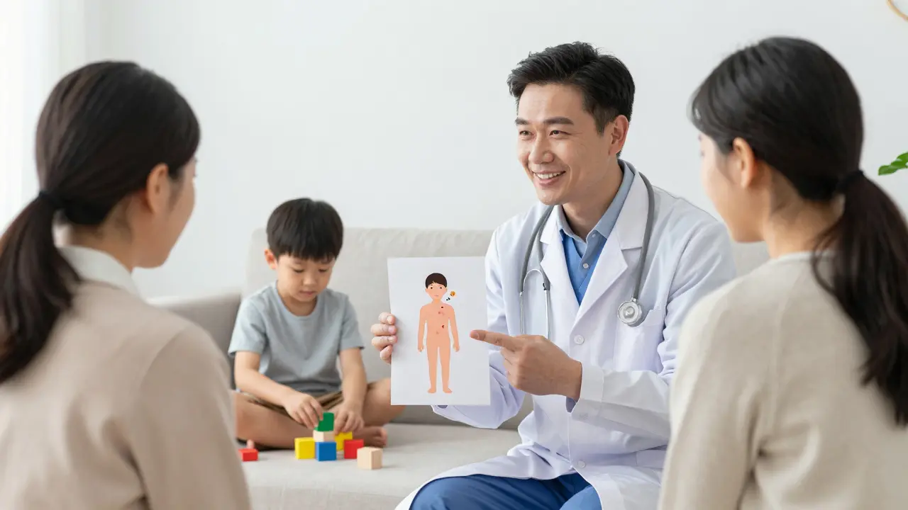 Pediatr vysvětluje rodičům, že vyrážka po MMR není nakažlivá a je normální reakcí.