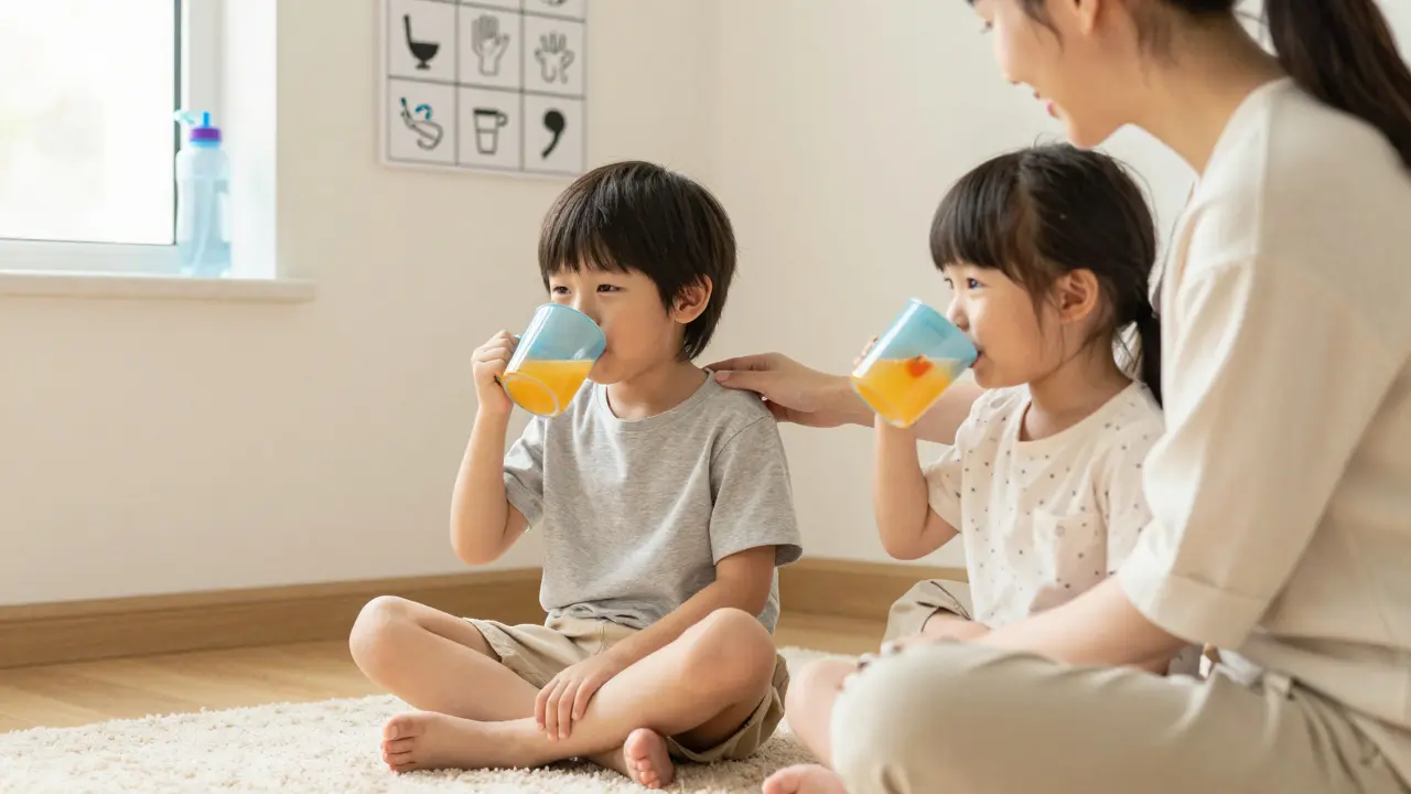 Rodič a dítě pijí vodu s ovocnou šťávou v klidném, domácím prostředí.