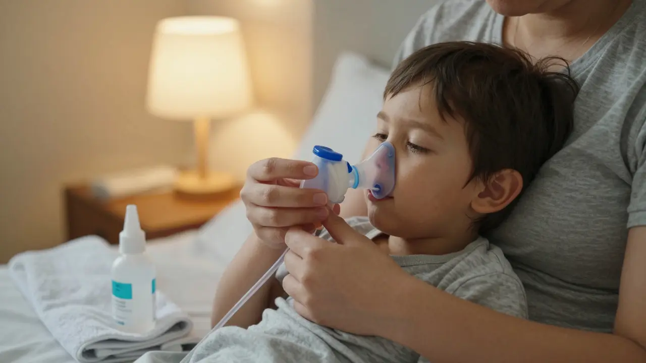 Rodič čistí nos dítěti pomocí aspirátoru s fyziologickým roztokem.