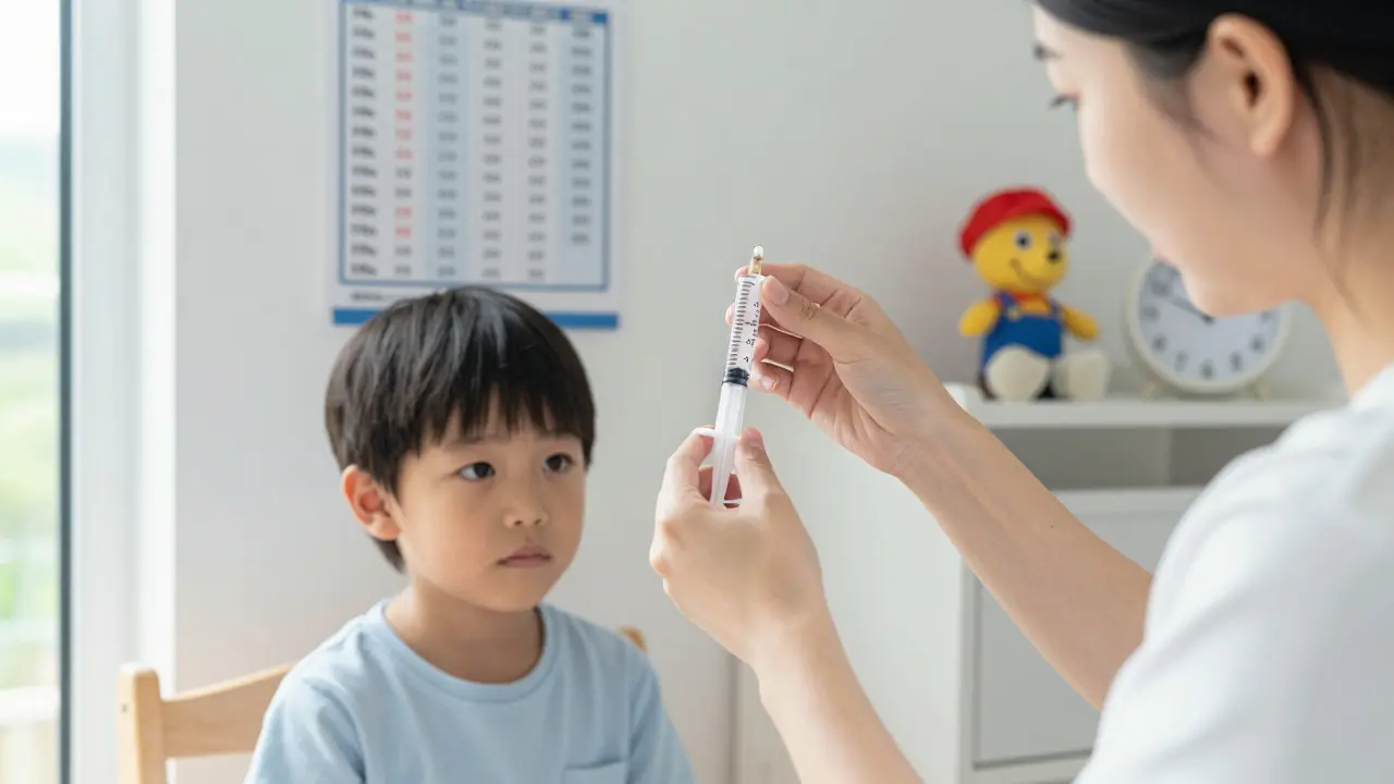 Rodič přesně dává Paralen dítěti podle hmotnosti, na pozadí je tabulka dávek podle váhy.