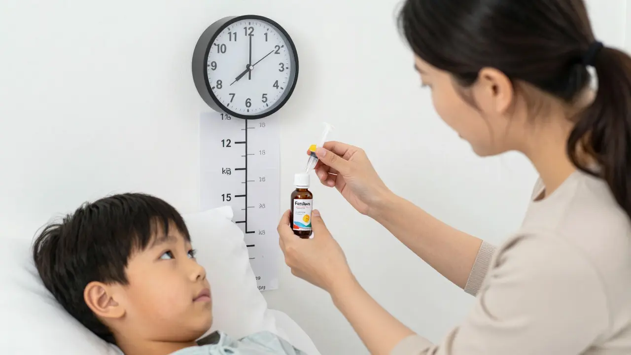 Rodič přesně dávuje sirup Paralen pomocí dávkovače, na zdi je tabulka s hmotností dítěte.