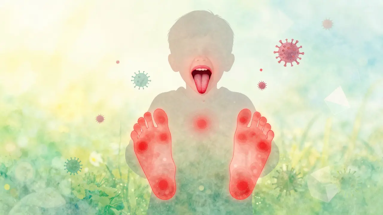 Silueta dítěte s červenými konturami na rukách, nohách a ústech, s virusy jako lehkými tvary v pozadí.