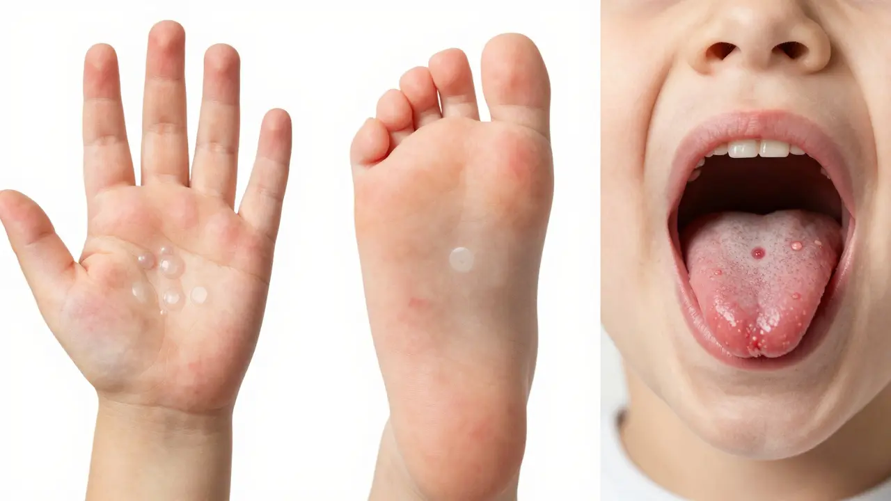Tři detailní přehledy: červené skvrny na dlaních, puchýřky na chodidlech a vředy v ústech.