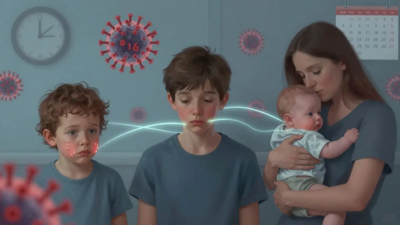 Tři osoby spojené čárami, symbolizující přenos viru RNU.