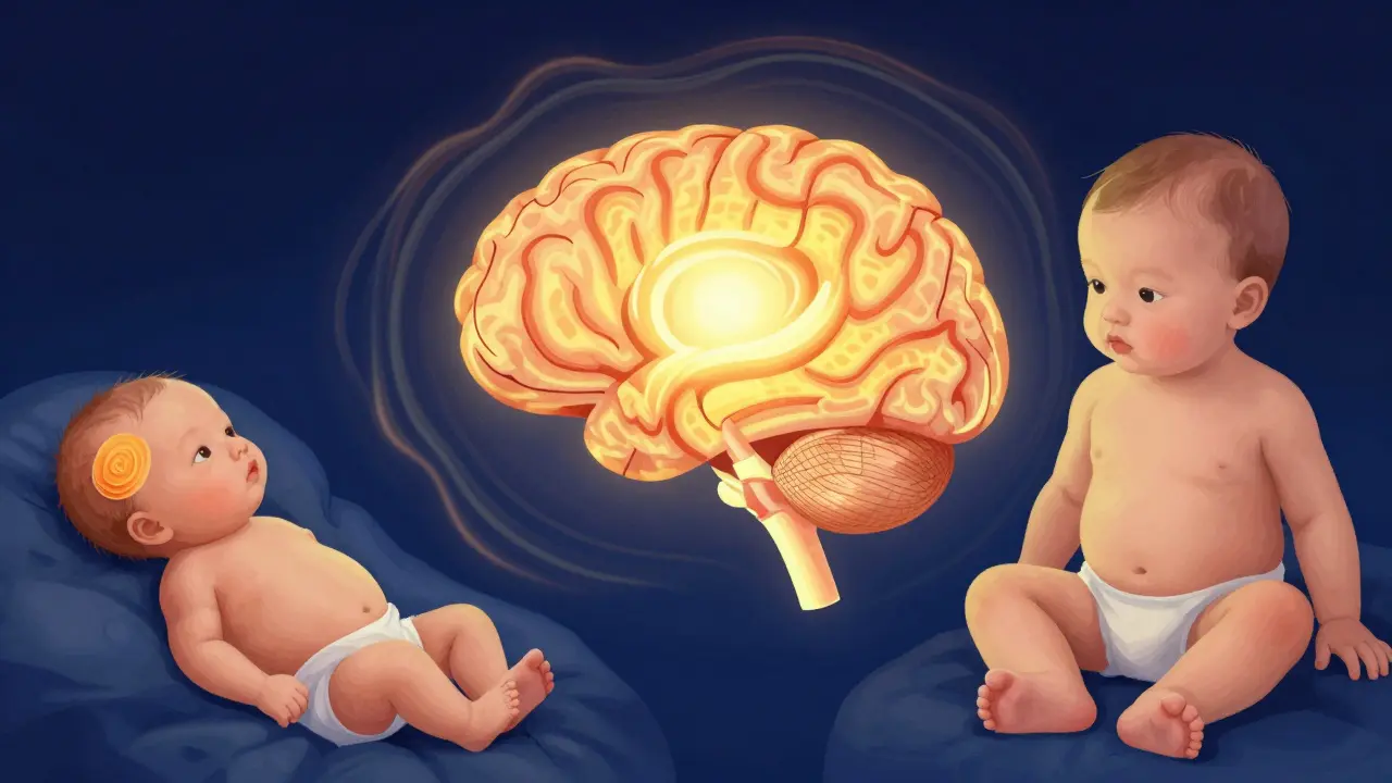 Umělecké znázornění mozku dítěte s rozvíjející se termoregulací od novorozence po 12měsíční dítě.