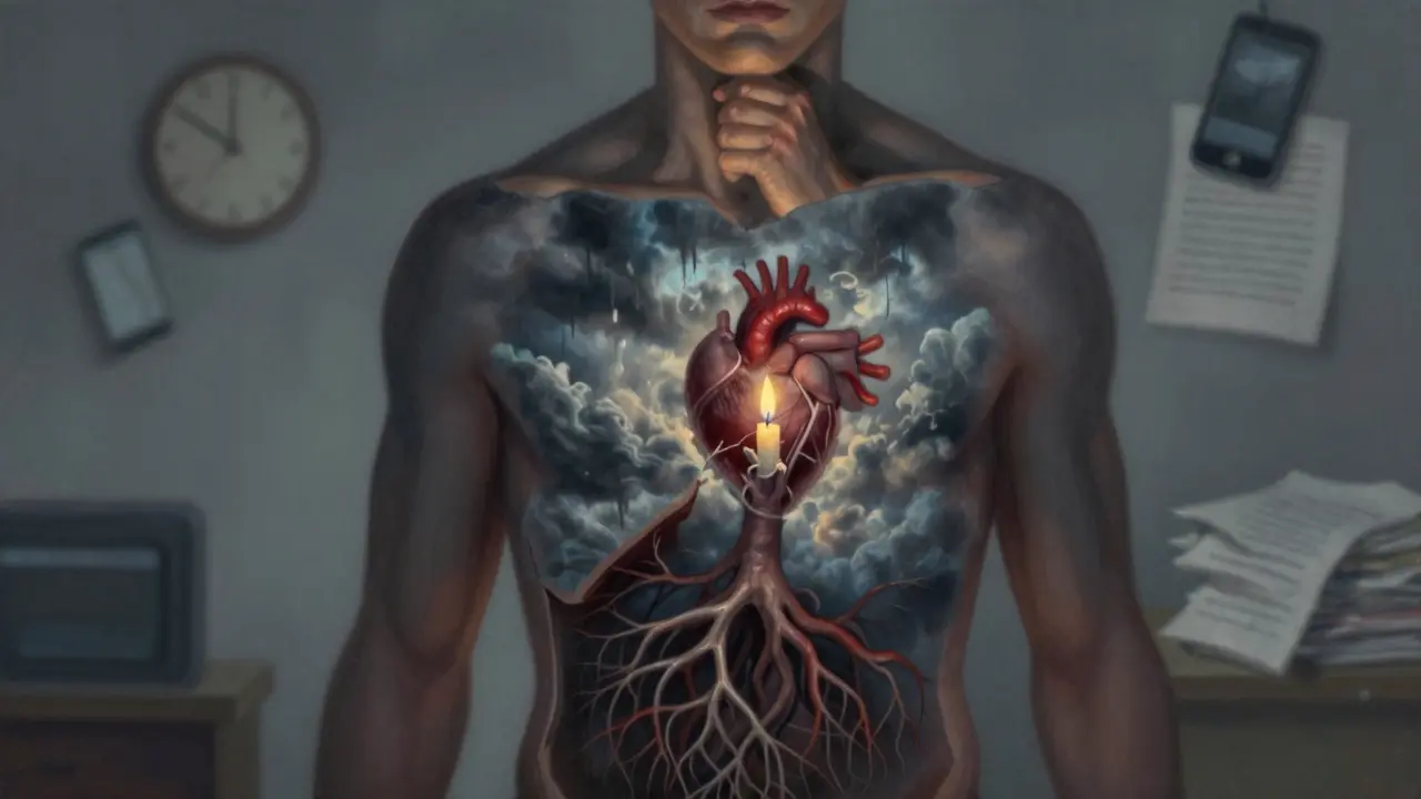 Vnitřní výzdoba těla jako symbol stresu: bouřka v hrudi, stisknutý hrtan, ztřeštěný břicho a slabá svíčka v srdci.