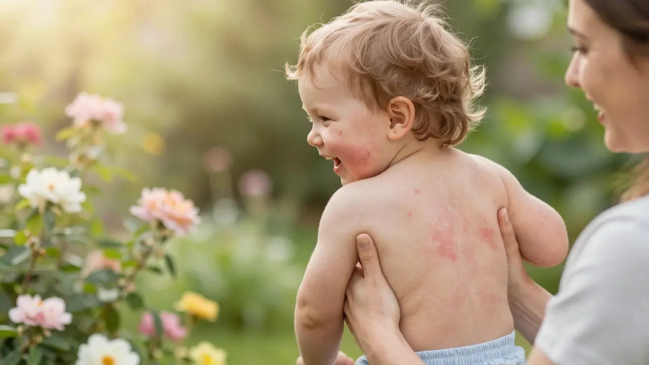 Zdravé dítě v zahradě směje se, zatímco na zádech je stále jen stopa po vyrážce.