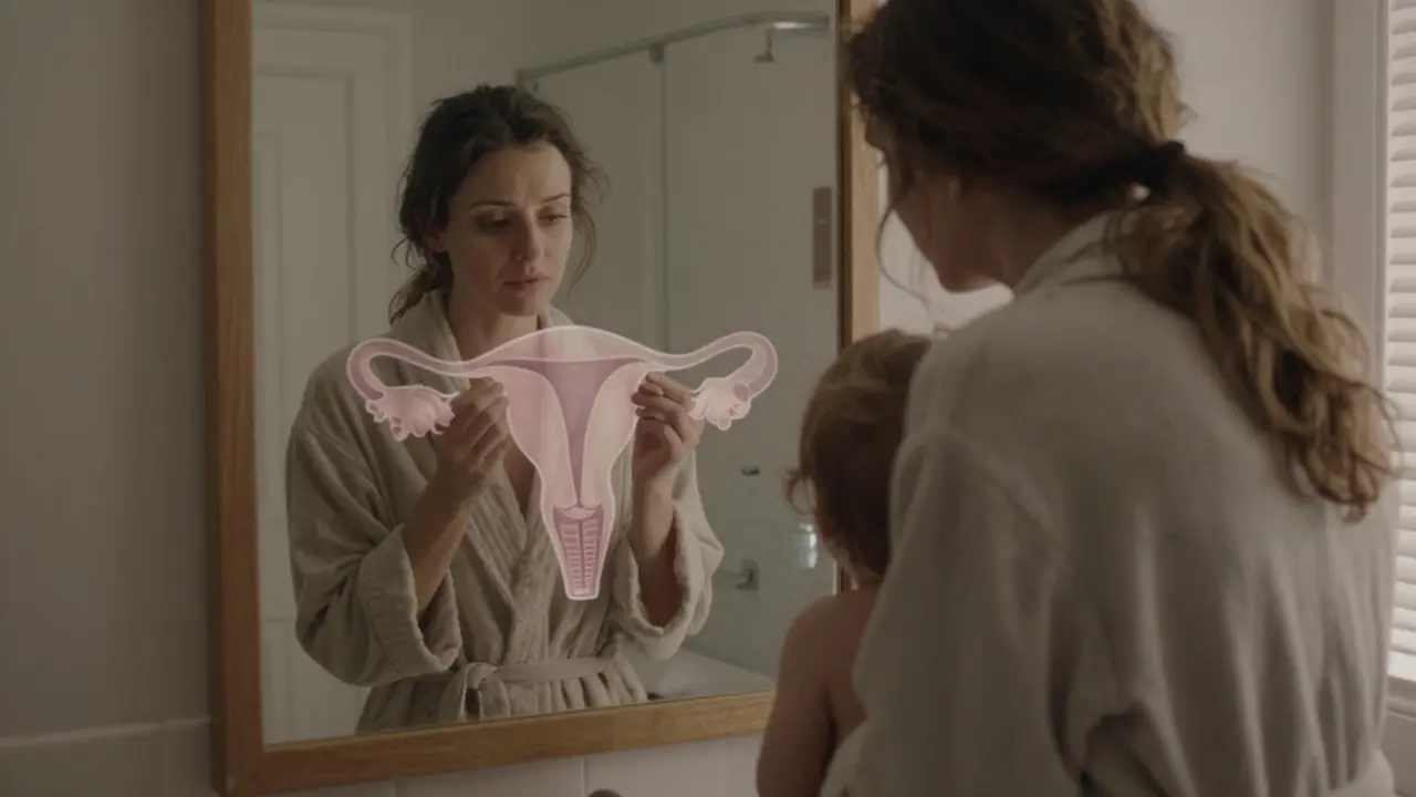 Žena se dívá do zrcadla a pozoruje tělo po porodu s tichou starostí.