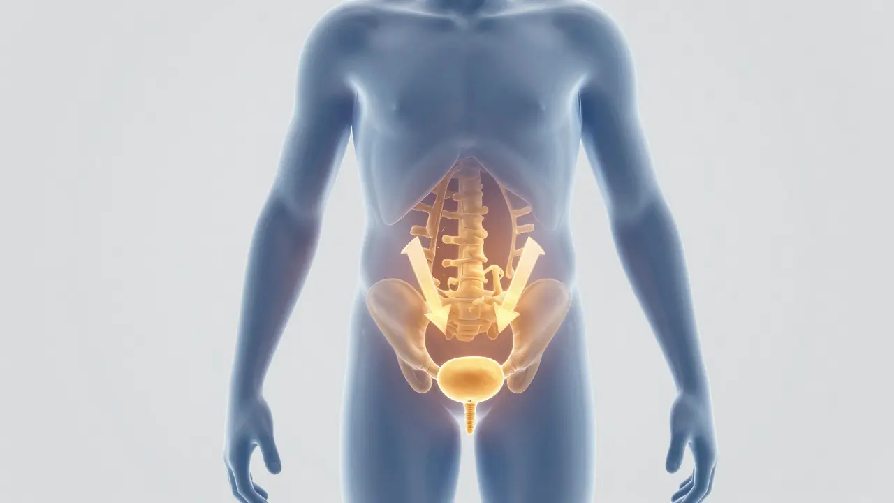 3D ilustrace močového měchýře a svalů pánevního dna u dítěte při tlaku.