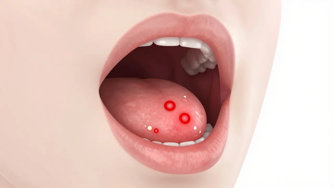 3D ilustrace vředů a puchýřků v zadní části hrdla