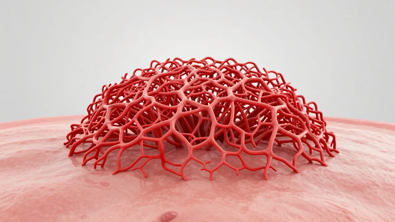 3D vizualizace shluků krevních cév tvořících hemangiom pod kůží