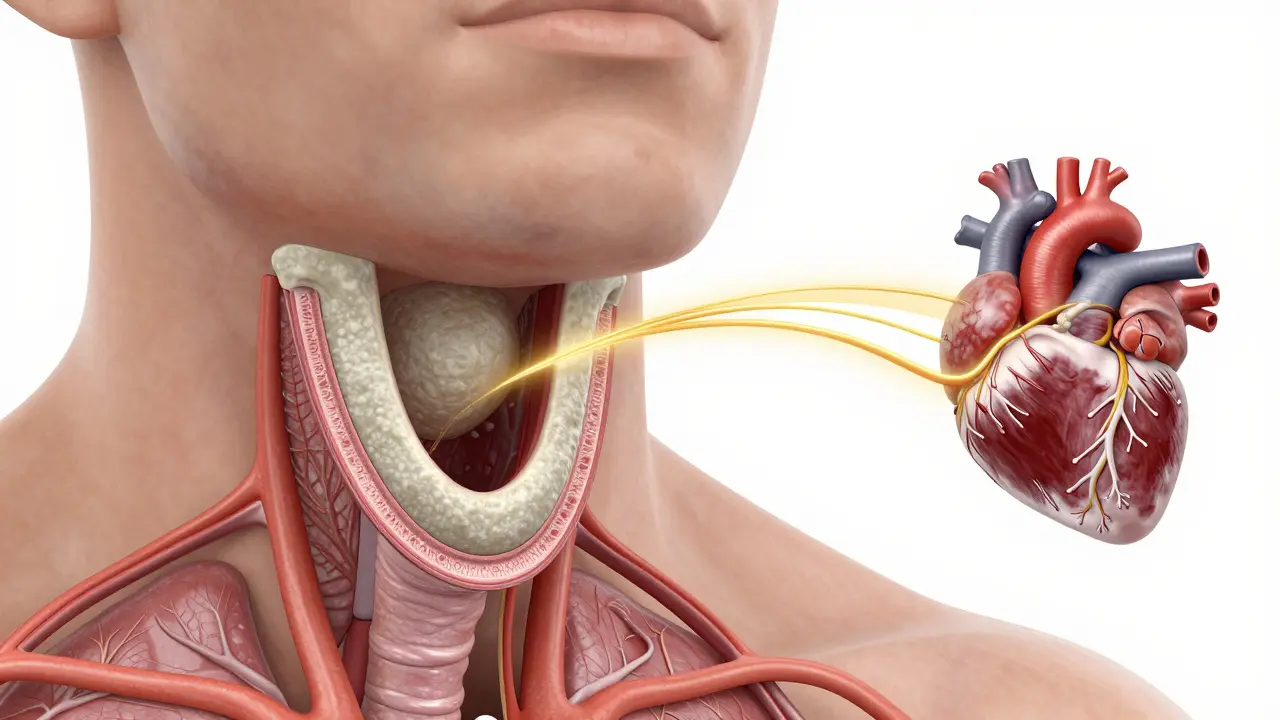 Anatomický detail hrdla s šedobílým náletem a znázorněním toxinu v krvi.