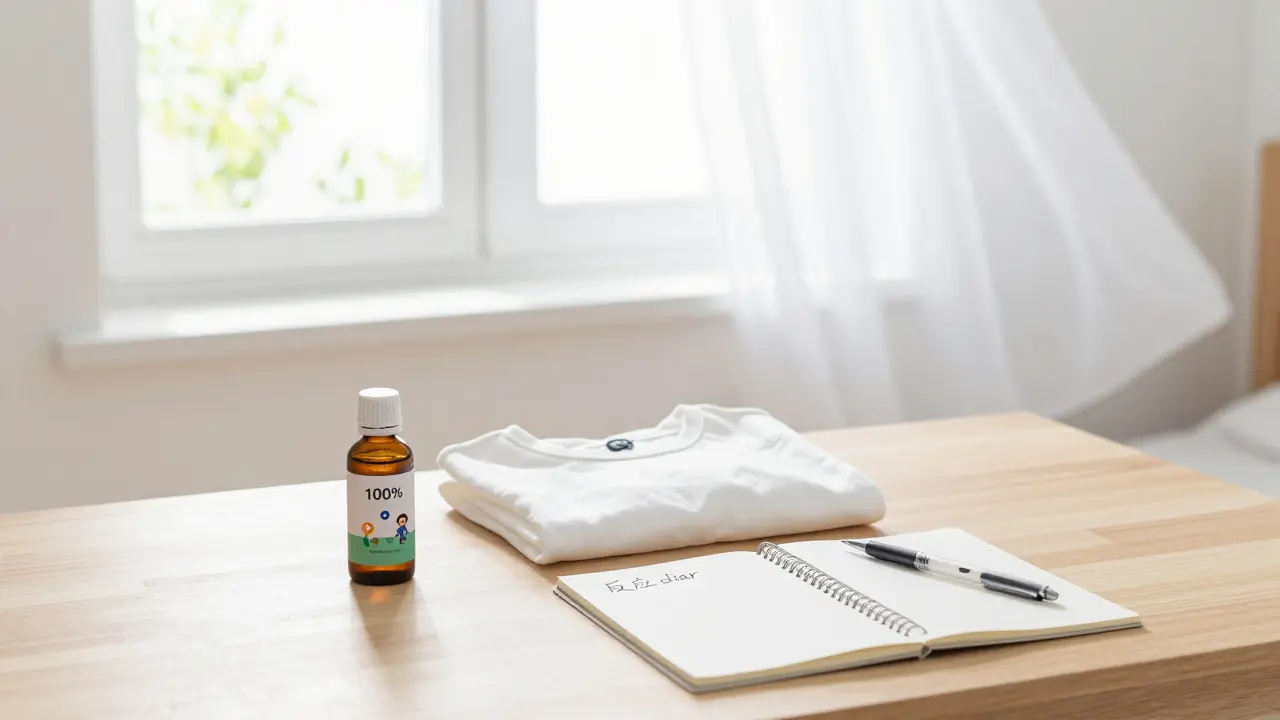 Bavlněné oblečení a deník reakcí na stole v osvětleném dětském pokoji.