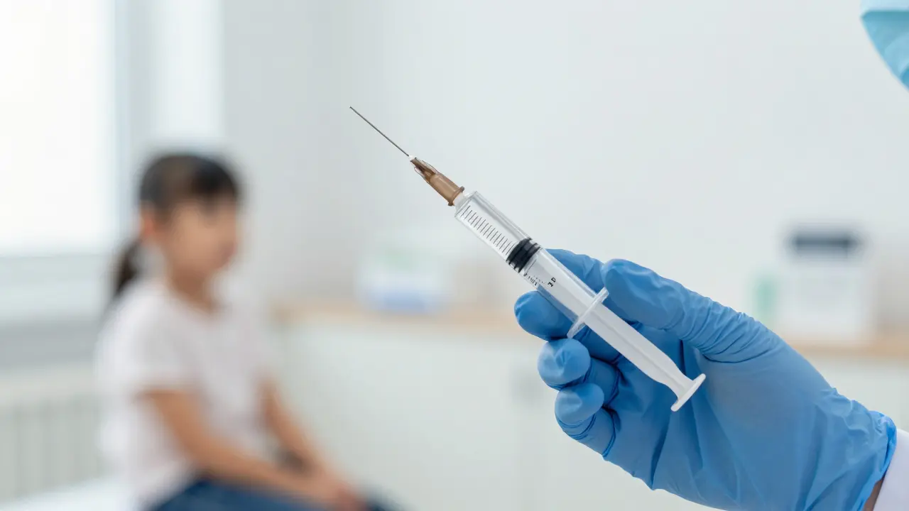 Detail lékařské stříkačky s vakcínou připravené k aplikaci v čistém prostředí kliniky.