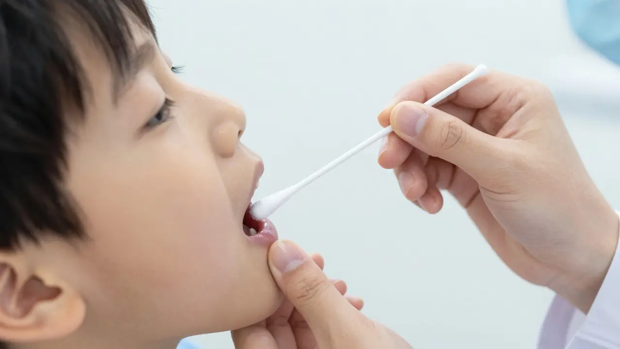 Detail lékařského rychlotestu v krku dítěte v ordinaci.