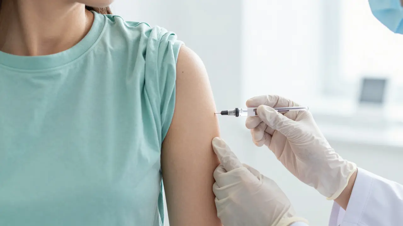 Detail očkování dospělé osoby v moderní lékařské klinice.