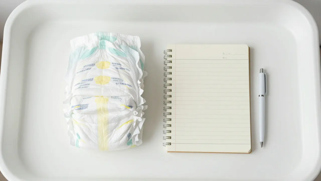 Dětské pleny a zápisník na bílém komodě pro sledování hydratace.