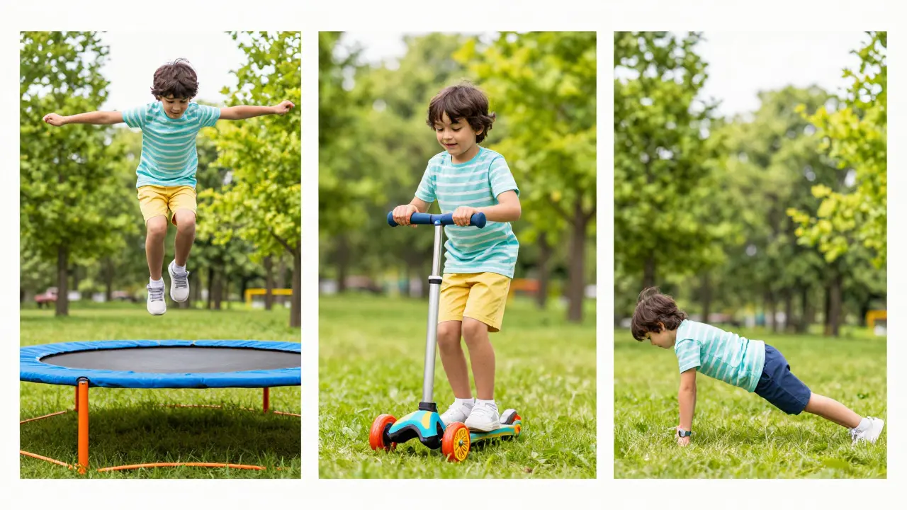 Dítě dopoledne hravě cvičí na trampolíně a koloběžce v parku.