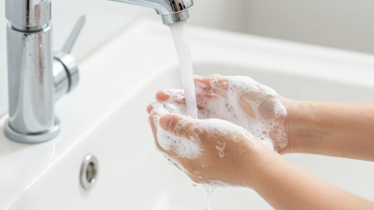 Dítě si myje ruce mýdlem pro lepší hygienu.