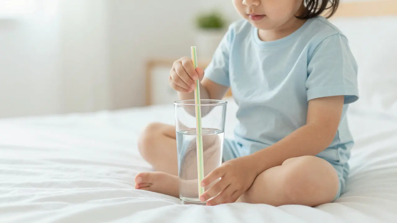 Dítě v lehkém oblečení sstaklenicí vody pro zajištění hydratace