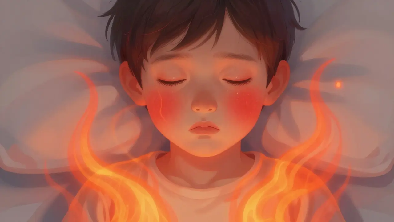 Ilustrace dítěte s zaruděnými tvářemi a pocitem horka.