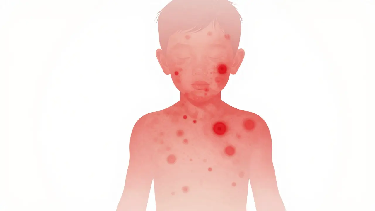 Ilustrace šíření červené sypky spalniček po těle dítěte shora dolů.