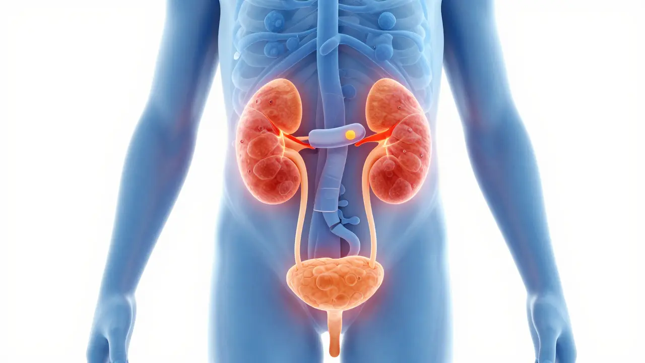 Koncepční 3D ilustrace dětského močového systému s vyznačeným zánětem ledvin.