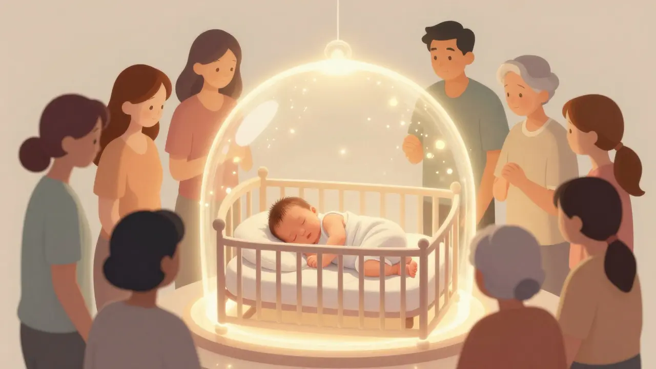 Koncepční ilustrace ochranného kokonu kolem novorozence díky očkování dospělých.