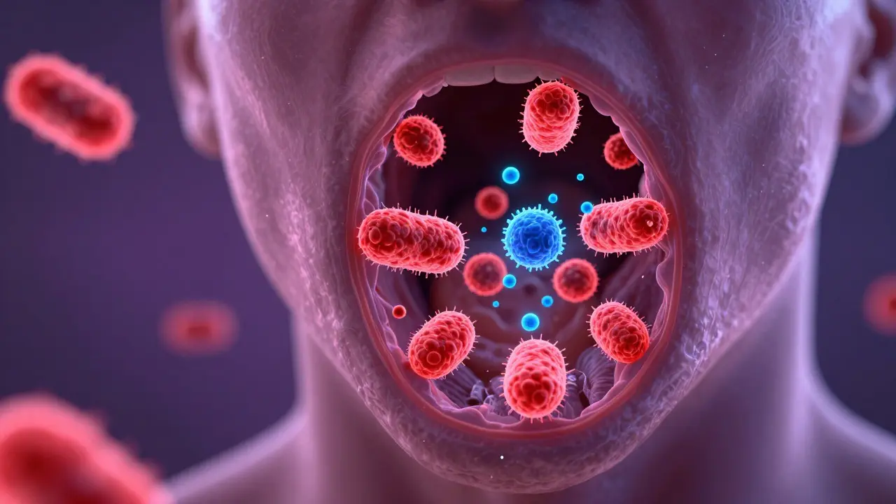 Koncepční zobrazení antibiotik ničících bakterie streptokoky v krku.