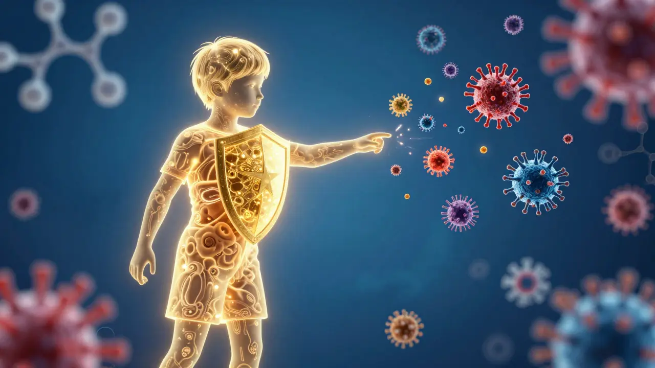 Konceptuální ilustrace imunitního systému dítěte bojujícího s viry.