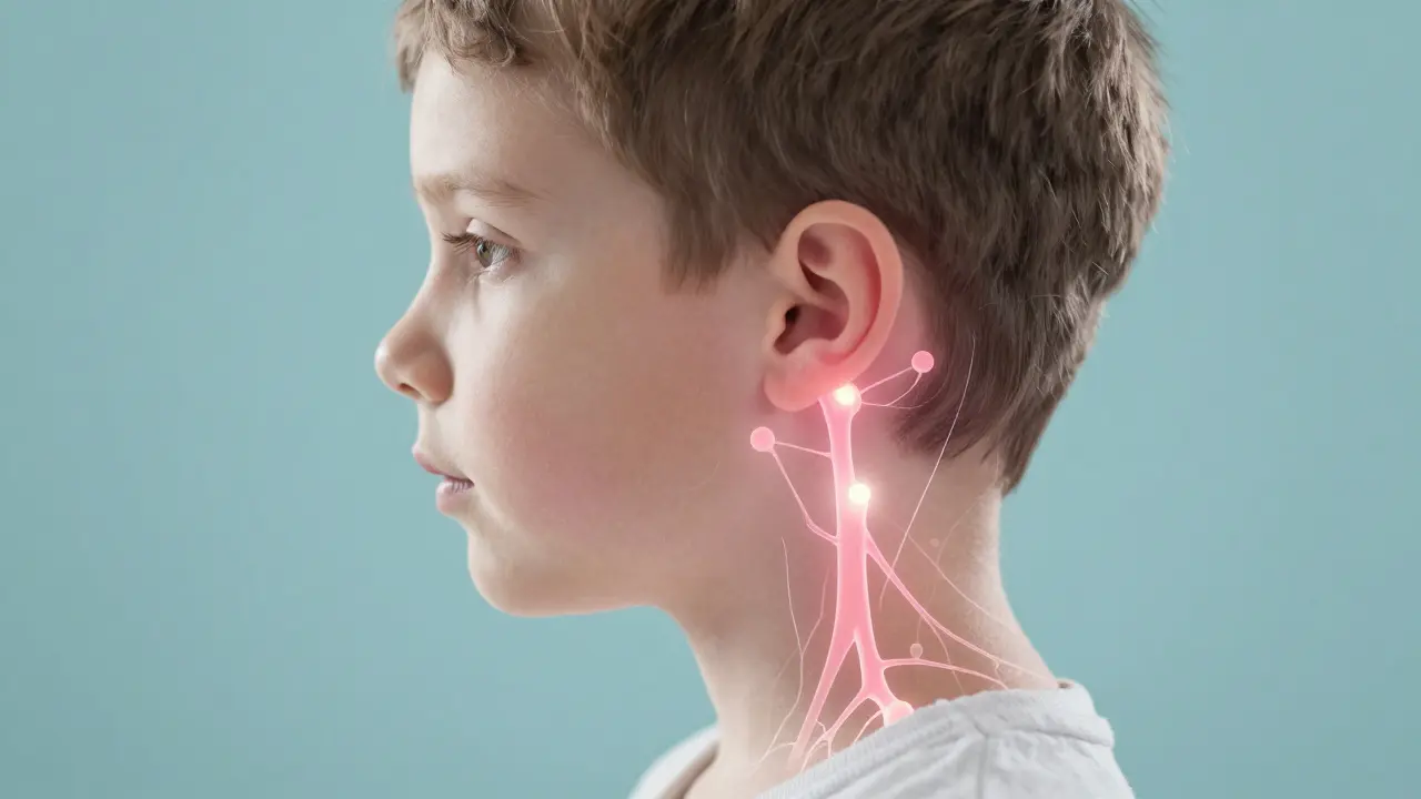 Konceptuální znázornění zvětšených uzlin za ušima a na krku