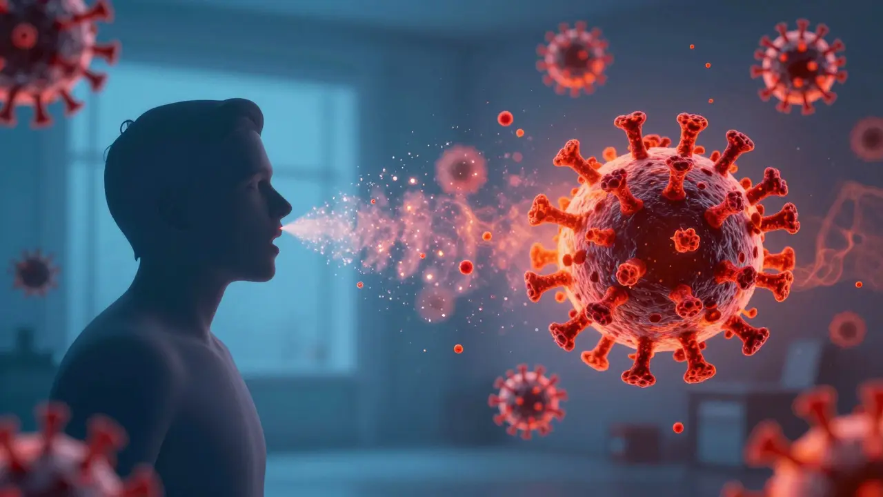 Konceptuální zobrazení šíření viru osypek formou červených kapiček