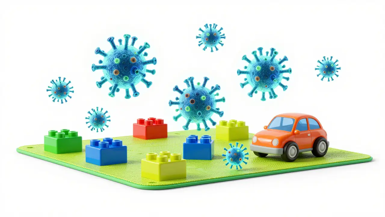 Konceptuální zobrazení virů na dětských hračkách.