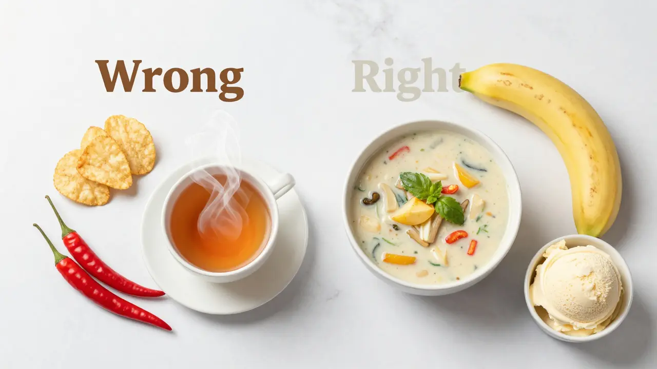 Kontrast mezi dráždivými potravinami a šetrnou stravou při angíně.