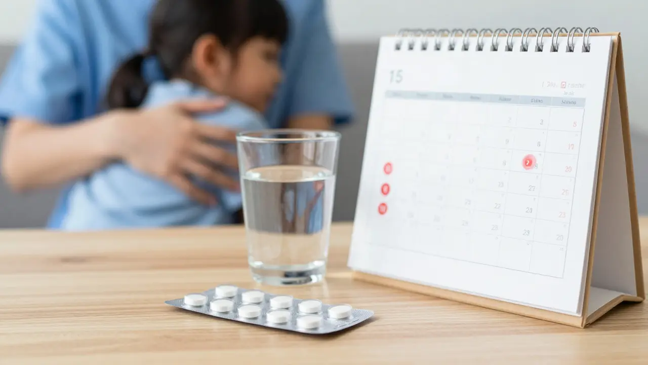Krabice antibiotik a kalendář s označenými pěti dny léčby na stole.