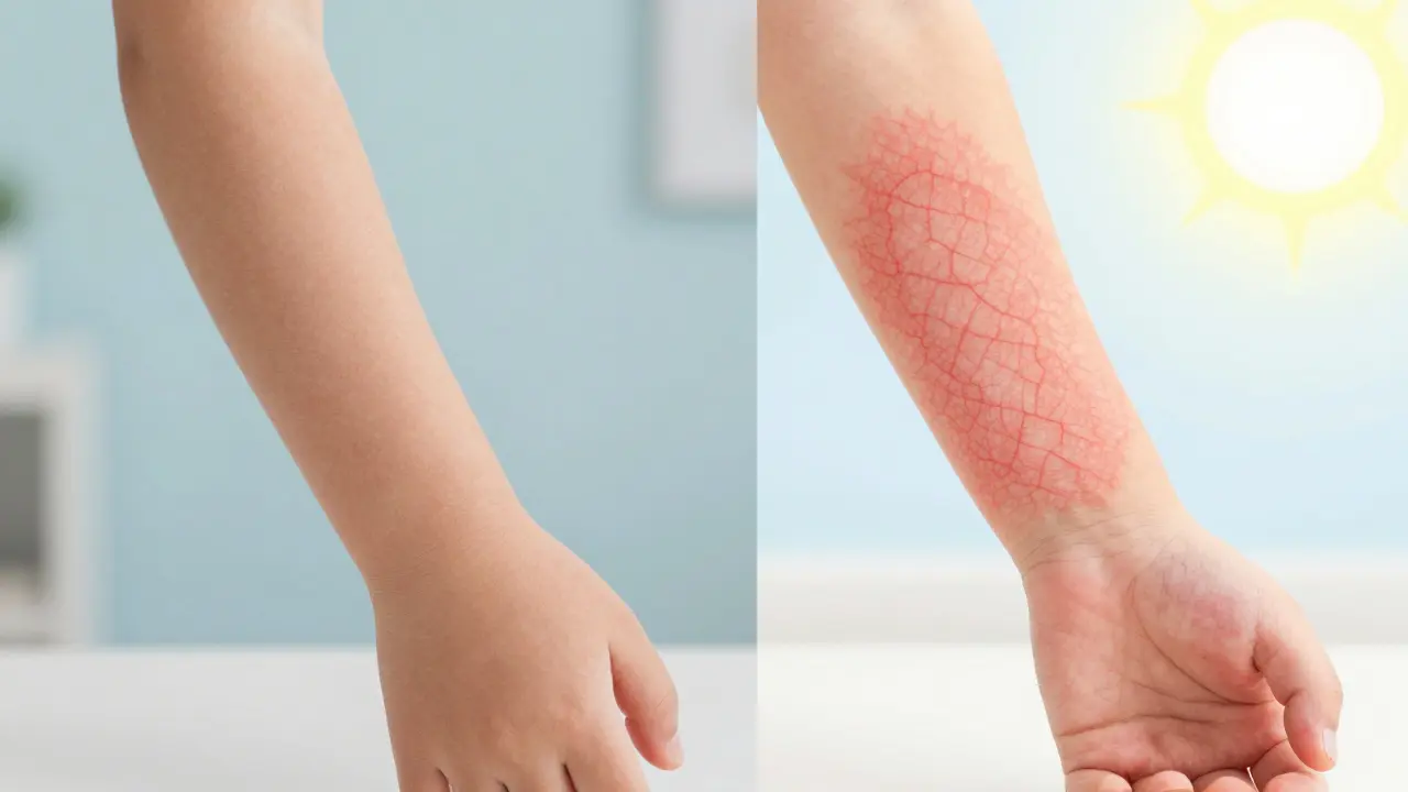 Krajková červená sypka na končetinách dítěte v různých podmínkách.