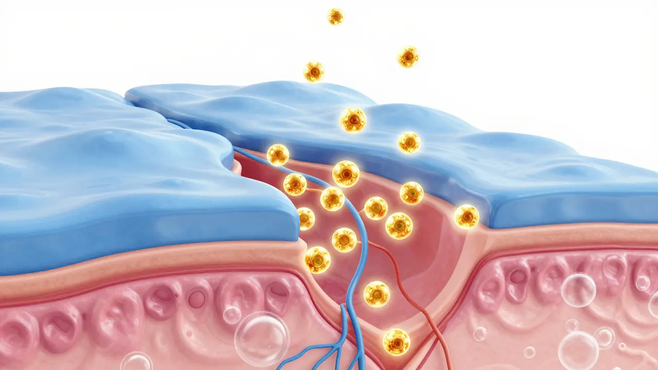 Kresba uvolňování histaminu v kůži způsobující vznik kopřivky.