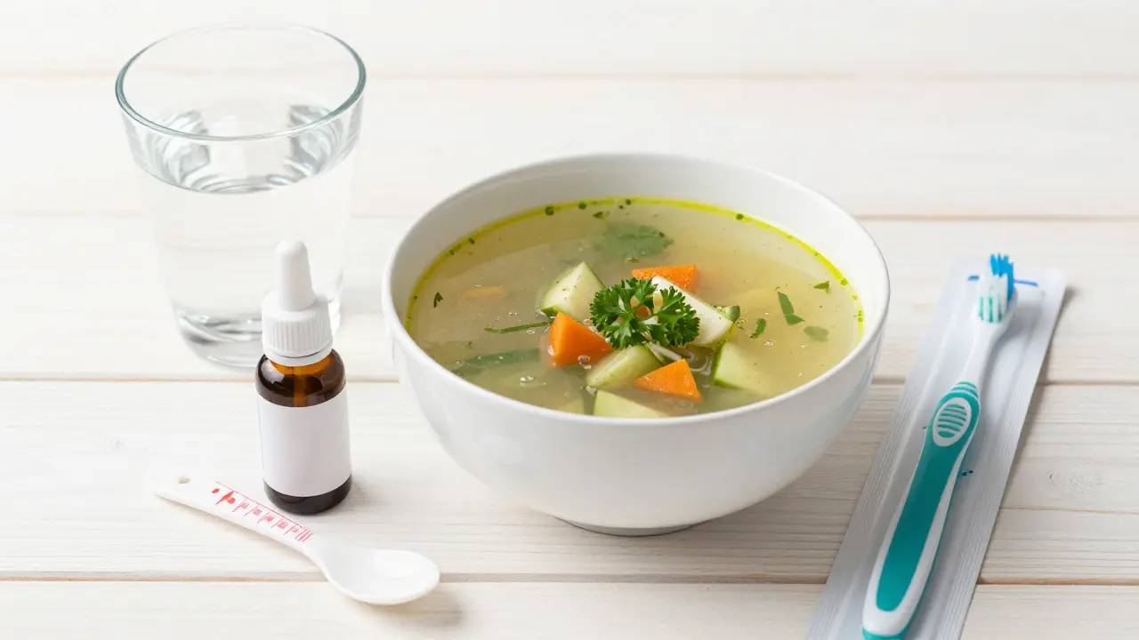 Léčebný set s antibiotiky, polévkou a novým zubním kartáčkem na stole.
