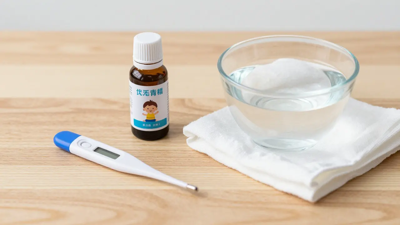 Lékárnička s teploměrem, sirupem a vlažnou vodou pro péči o dítě