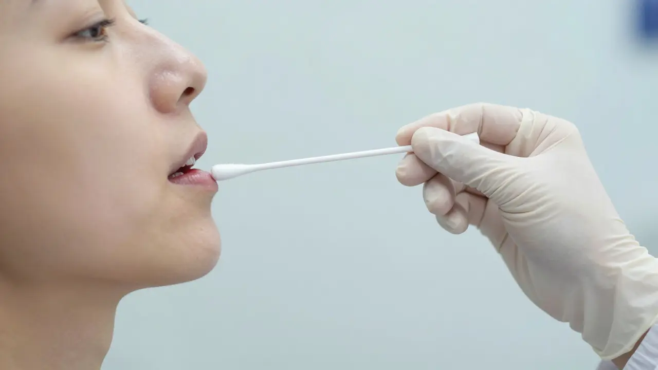 Lékařské odbírání vzorku slin pomocí vatového tamponu pro PCR test.