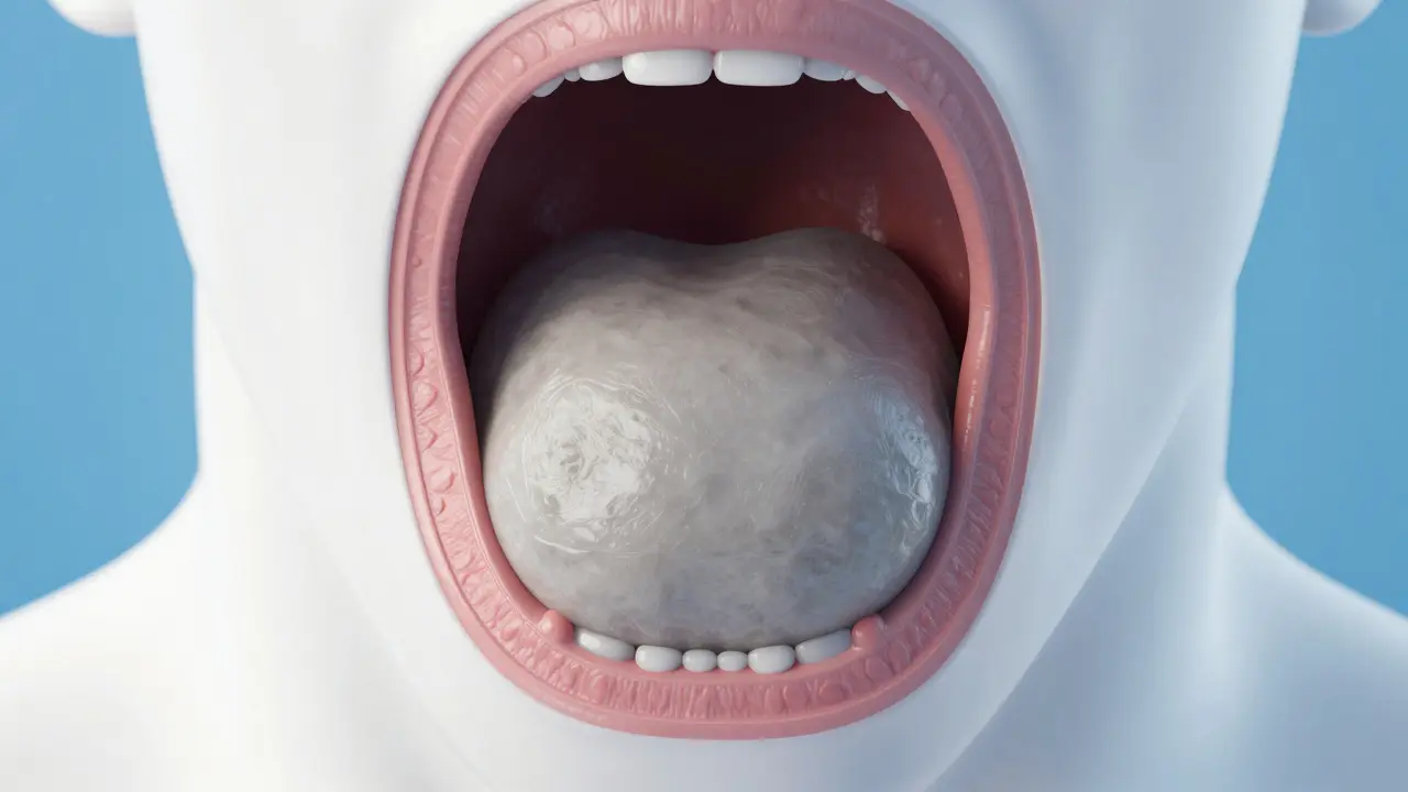 Medicínská ilustrace šedobílé pseudomembrány v hrdle při záškrtu.