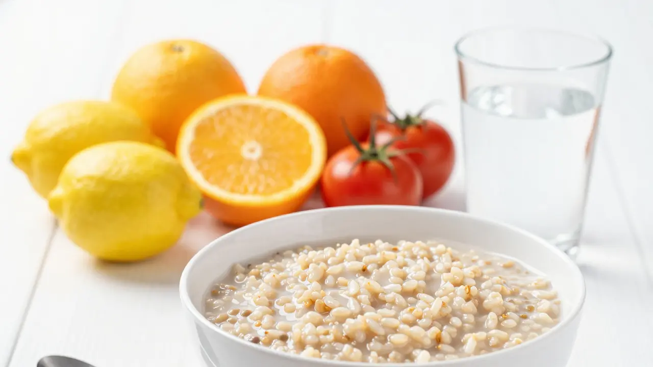 Mísa s vlažkou kaší vedle kyselých citrusů znázornující dietní omezení.