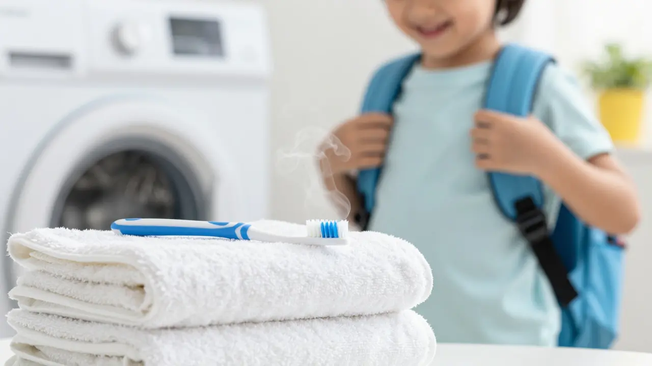 Nový zubní kartáček a čisté ručníky jako symbol hygieny po nemoci.