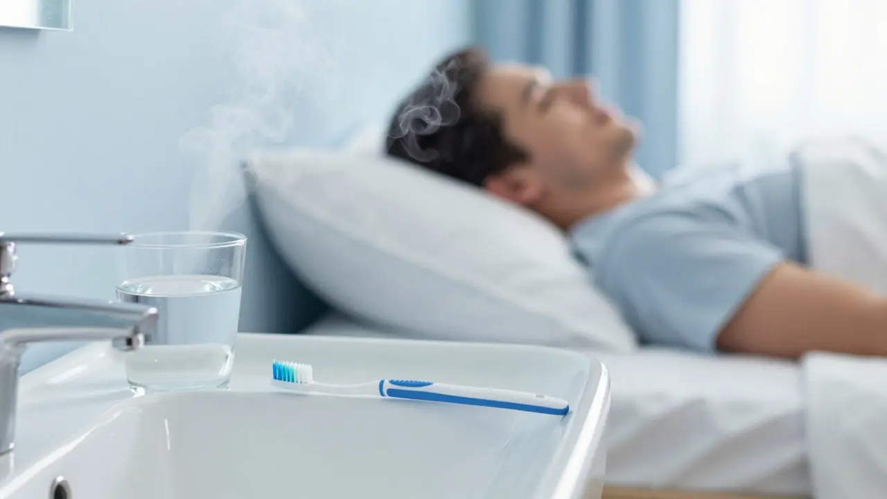 Nový zubní kartáček a zvlhčovač vzduchu v pokojě pro rekonvalescenci.