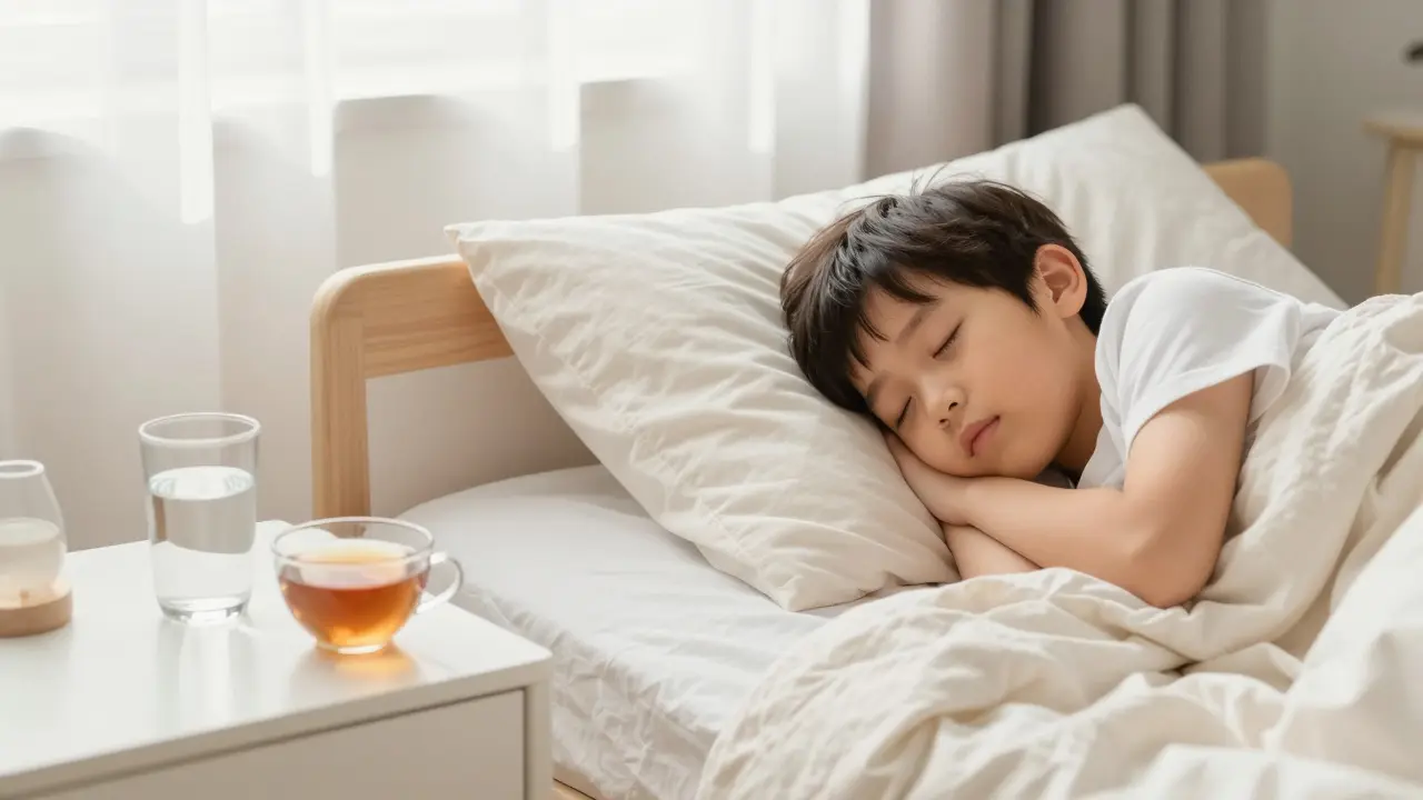 Odpočívající dítě v posteli s glasses vody a čaje na nočním stolku.