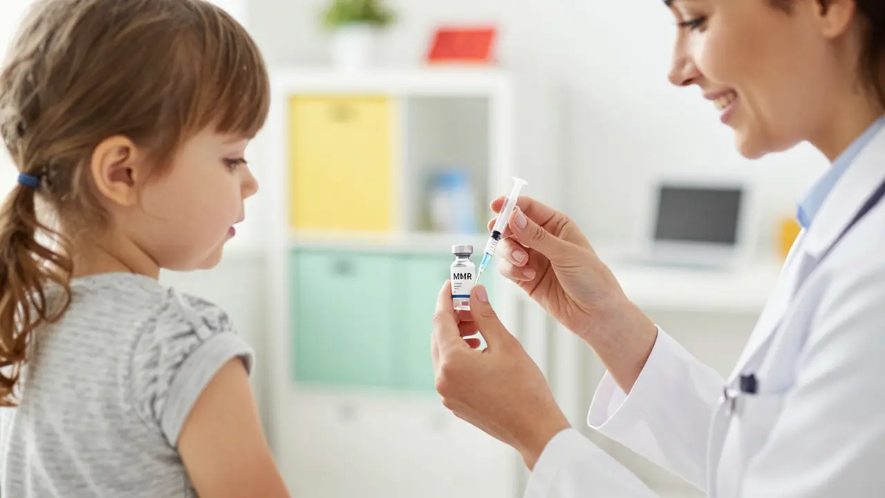Pediatr připravuje vakcínu MMR pro malé dítě v ordinaci.