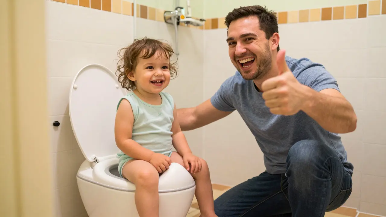 Rodic a dítě s radostí celebrating úspěšné vyčůrání na nočník.